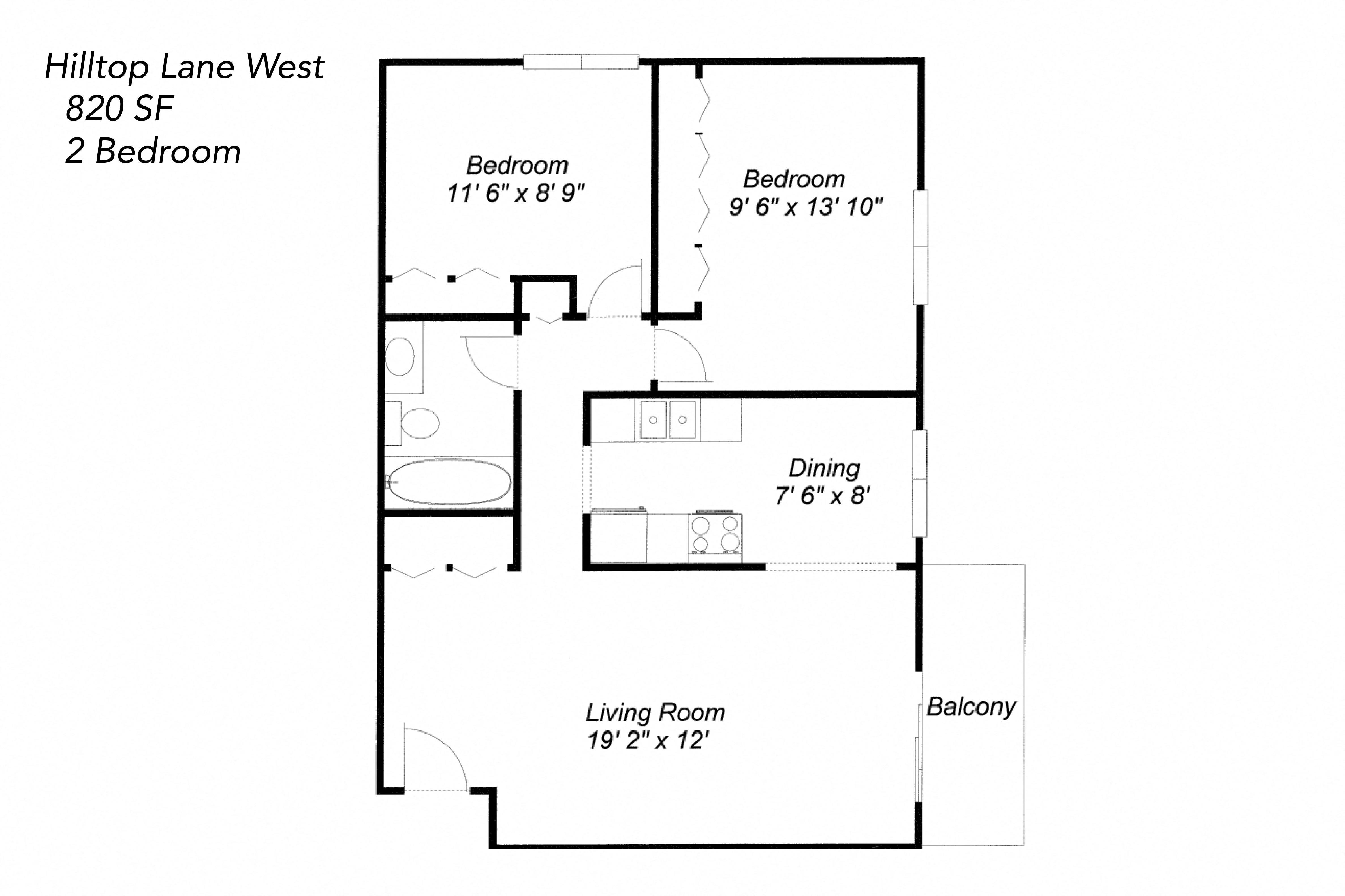 Floor plan for 2 beds, 1 bath, 820 sqft